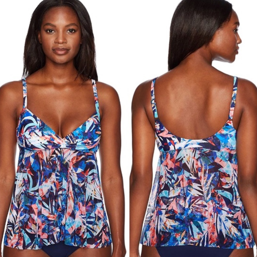 Profile By Gottex Blue Multi Tropical-Print Tankini Swim Top